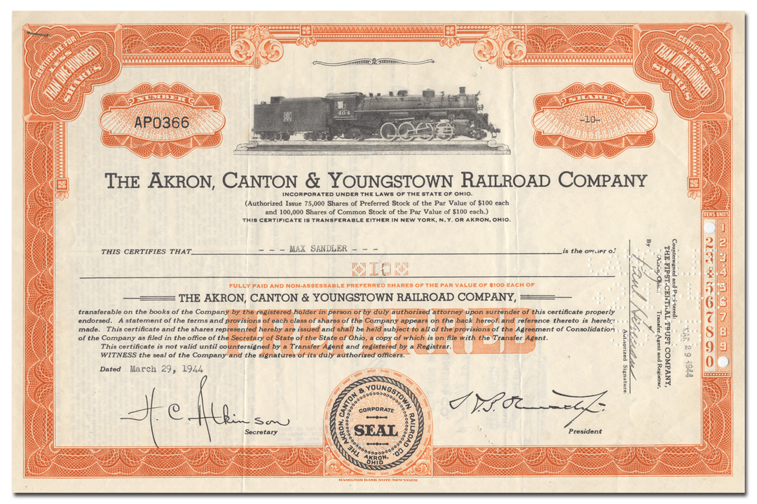 Akron, Canton & Youngstown Railroad Company Stock Certificate