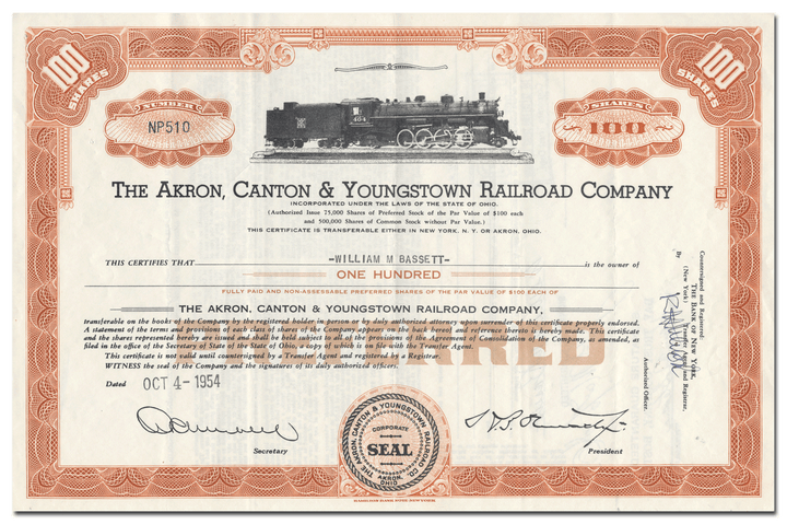 Akron, Canton & Youngstown Railroad Company Stock Certificate