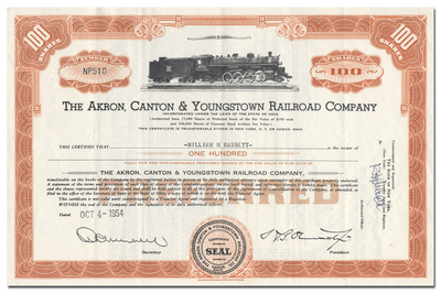 Akron, Canton & Youngstown Railroad Company Stock Certificate