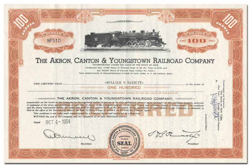 Akron, Canton & Youngstown Railroad Company Stock Certificate