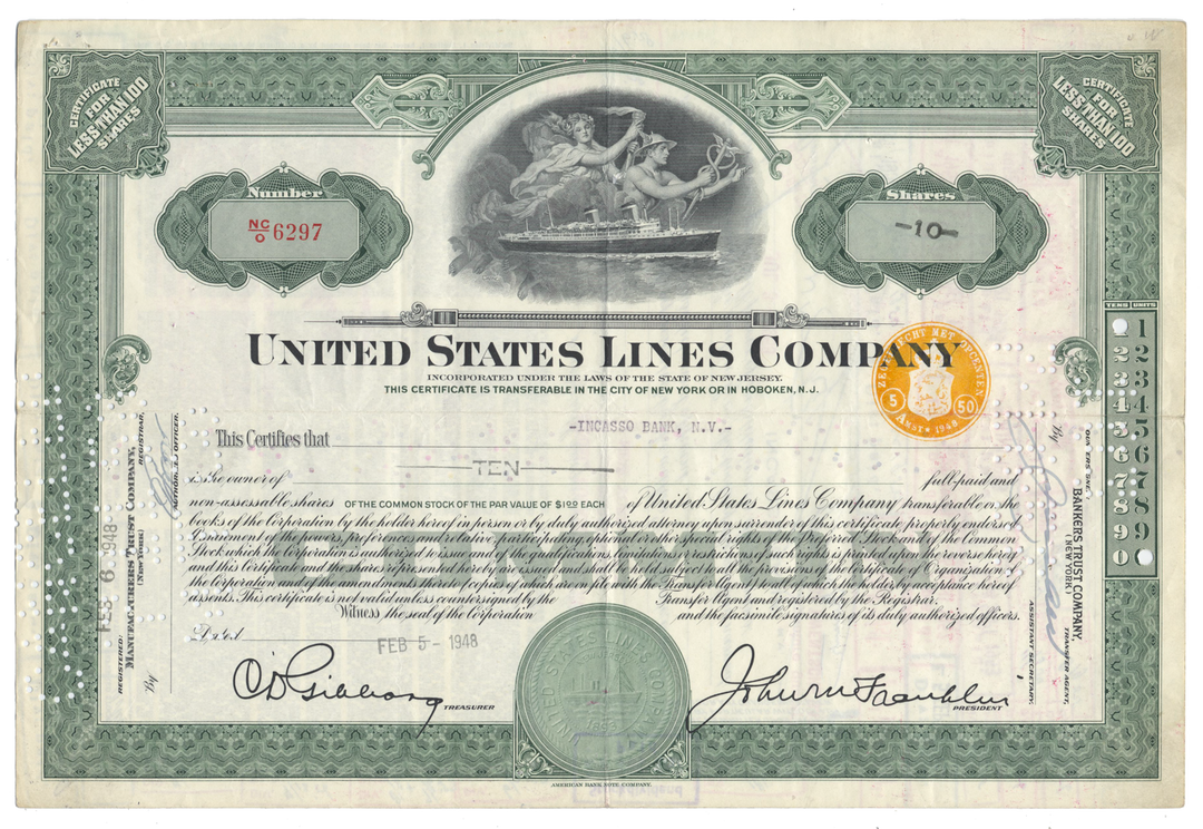 United States Lines Company Stock Certificate