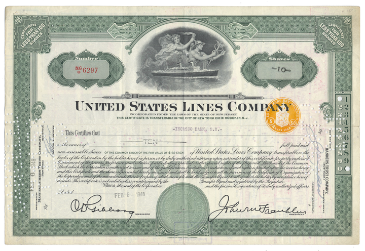 United States Lines Company Stock Certificate