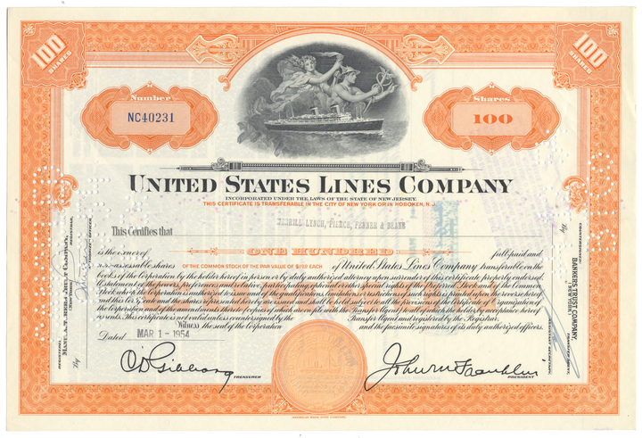 United States Lines Company Stock Certificate