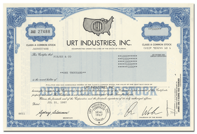URT Industries, Inc. Stock Certificate