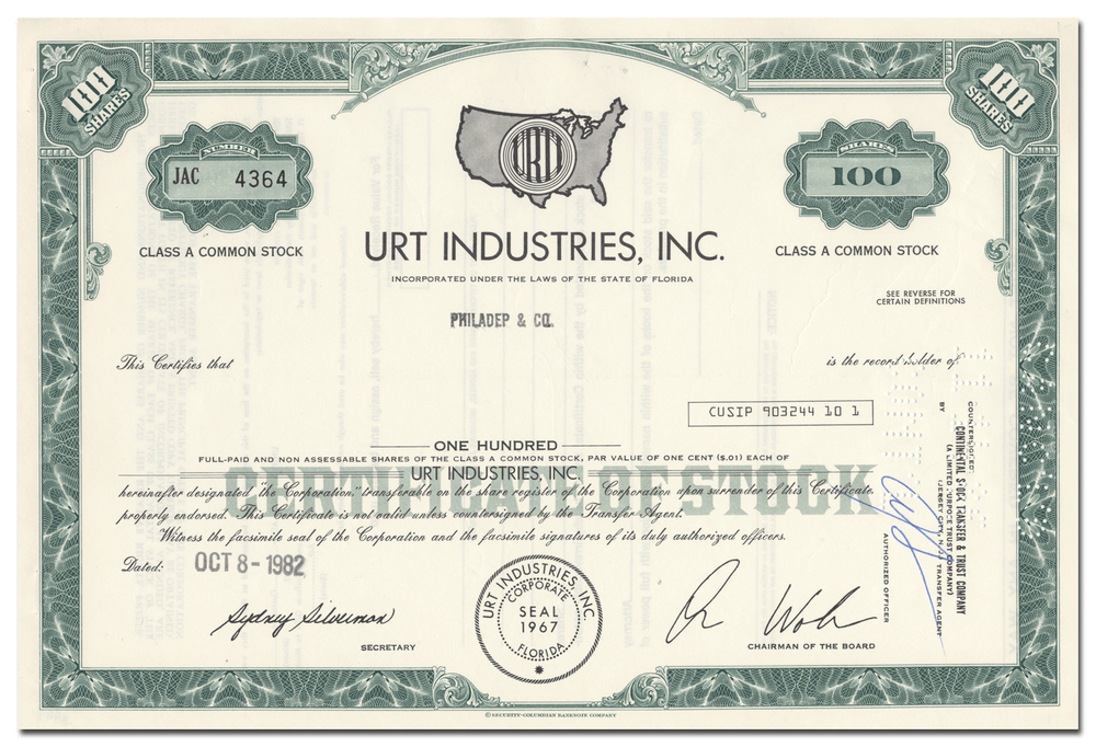 URT Industries, Inc. Stock Certificate