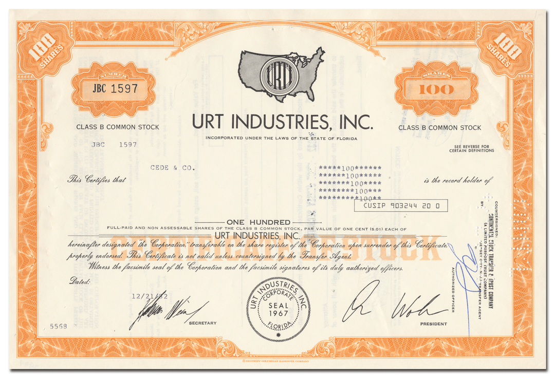 URT Industries, Inc. Stock Certificate