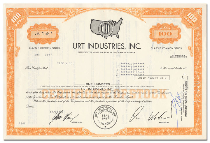 URT Industries, Inc. Stock Certificate