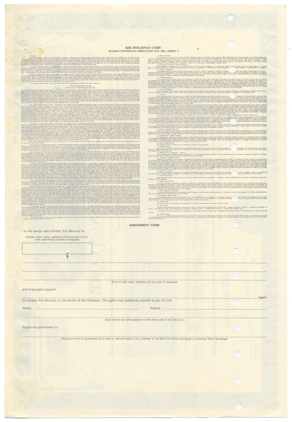 RJR Holdings Corp. Bond Certificate