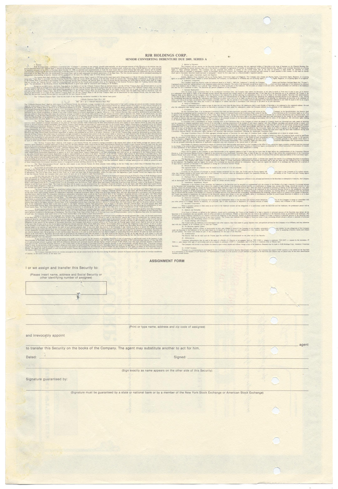 RJR Holdings Corp. Bond Certificate