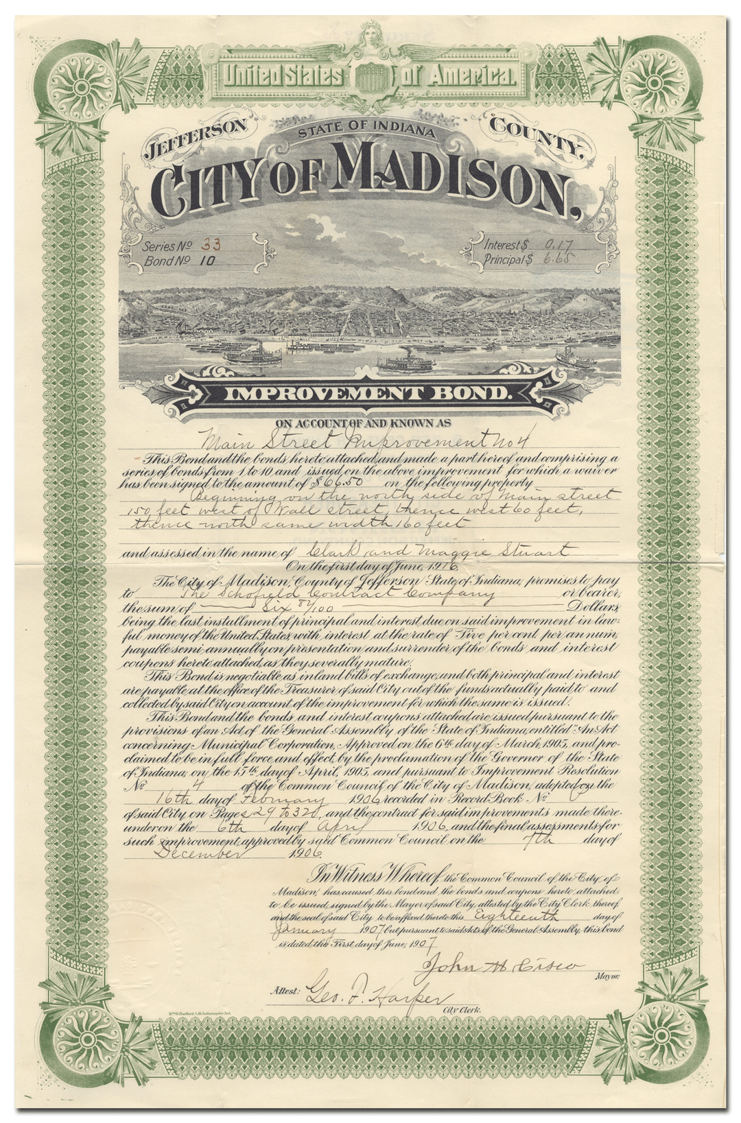 Madison, Indiana Bond Certificate