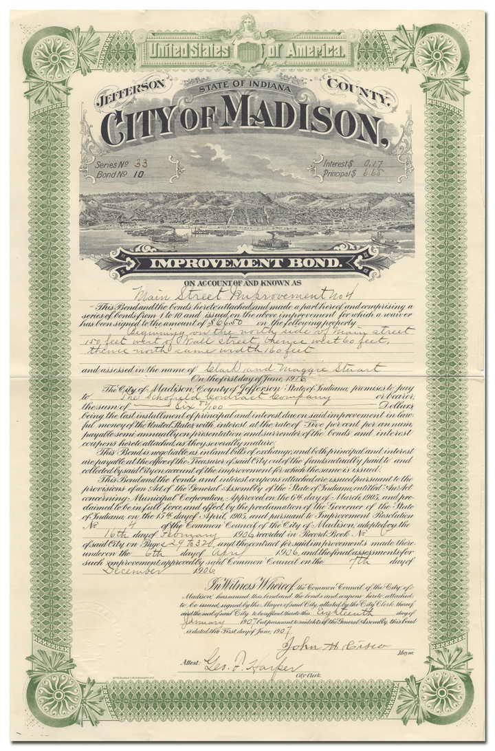 Madison, Indiana Bond Certificate