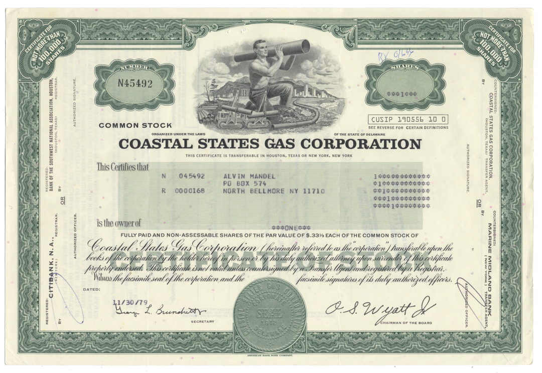 Coastal States Gas Producing Company Stock Certificate