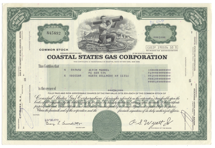 Coastal States Gas Producing Company Stock Certificate