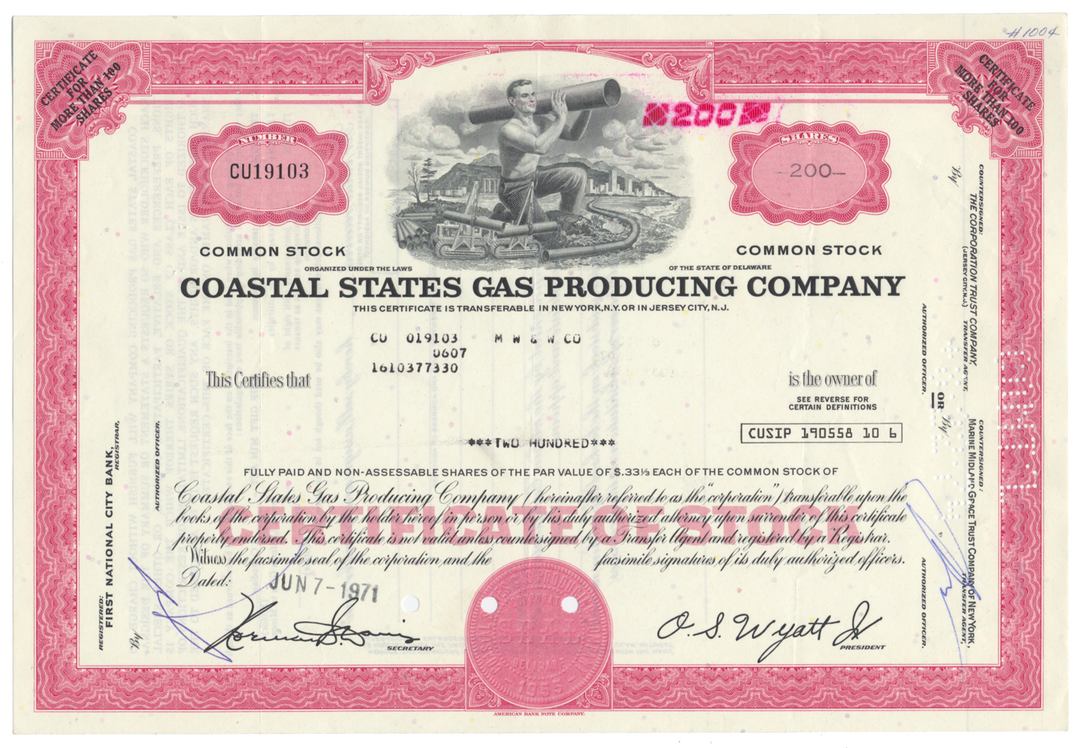 Coastal States Gas Producing Company Stock Certificate