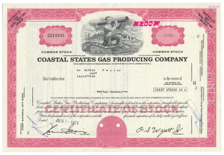 Coastal States Gas Producing Company Stock Certificate