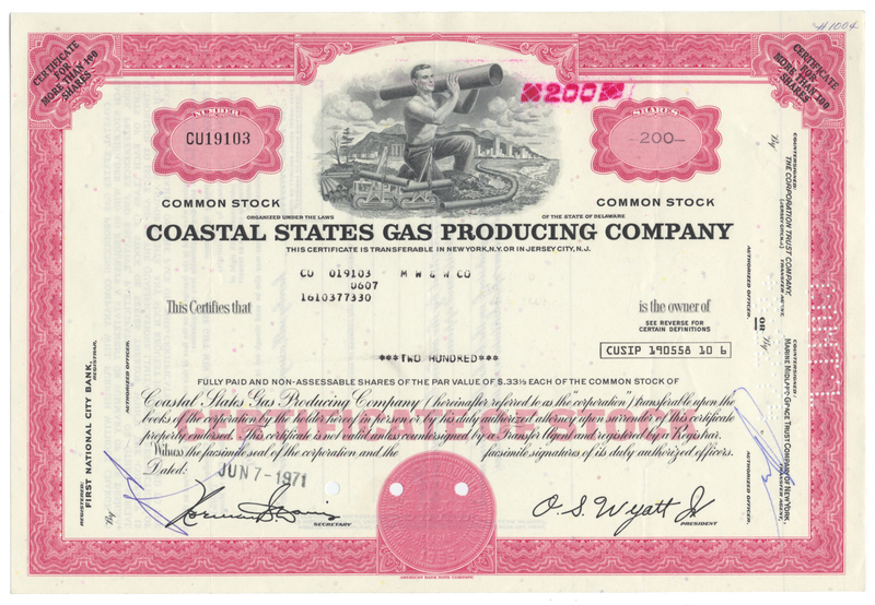 Coastal States Gas Producing Company Stock Certificate