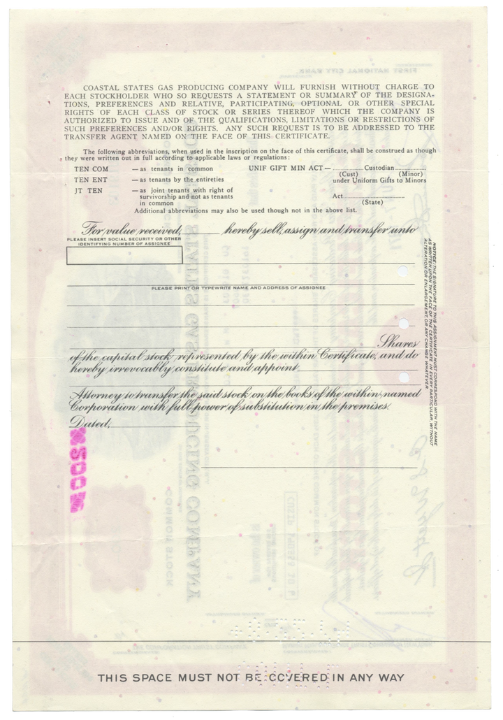 Coastal States Gas Producing Company Stock Certificate