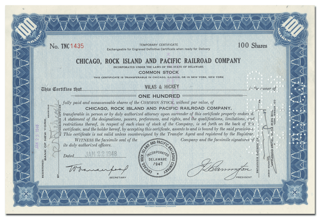 Chicago, Rock Island and Pacific Railroad Company Stock Certificate