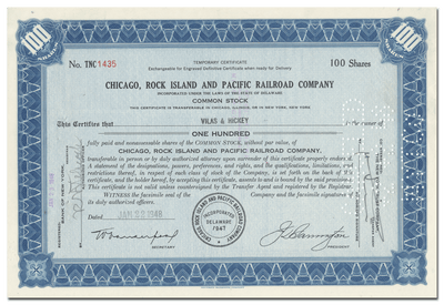 Chicago, Rock Island and Pacific Railroad Company Stock Certificate