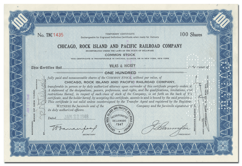 Chicago, Rock Island and Pacific Railroad Company Stock Certificate