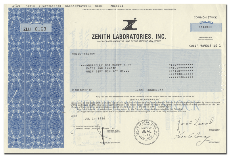 Zenith Laboratories, Inc. Stock Certificate