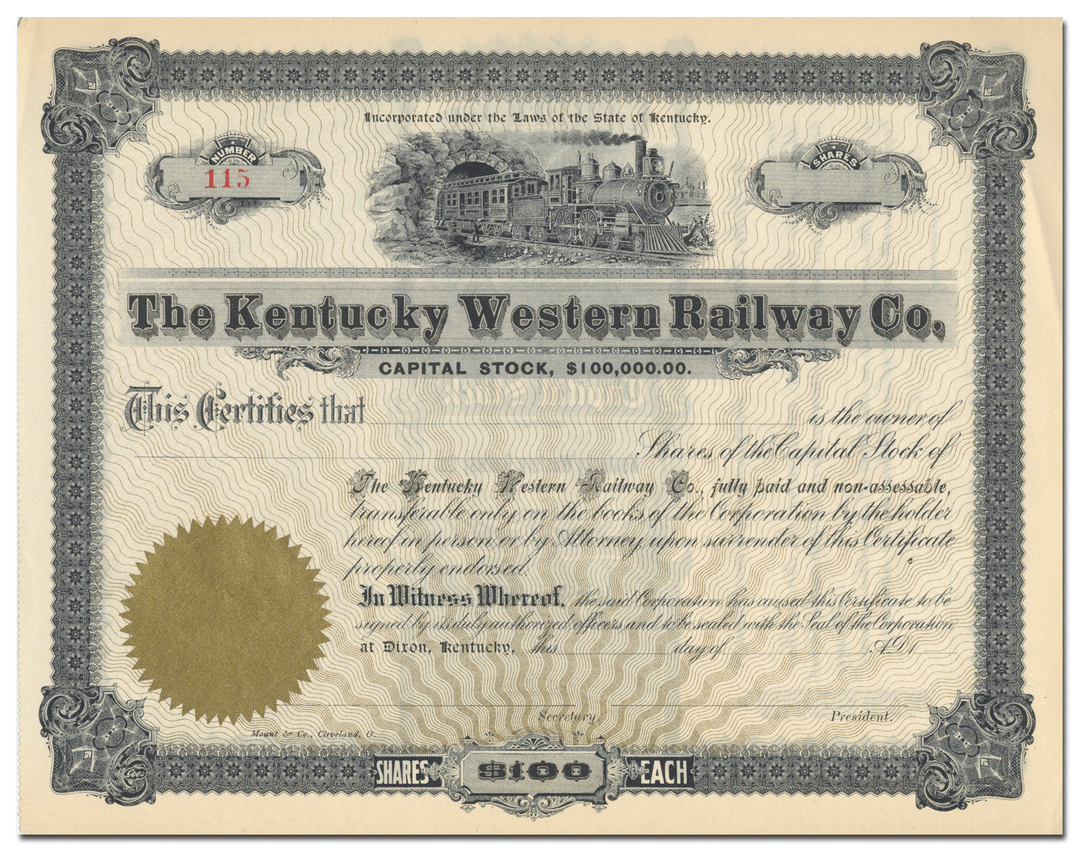 Kentucky Western Railway Co. Stock Certificate