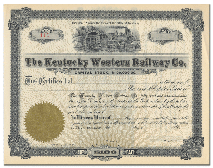 Kentucky Western Railway Co. Stock Certificate