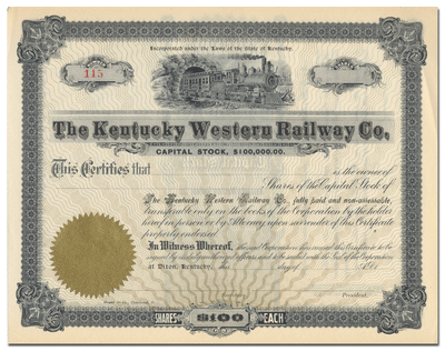 Kentucky Western Railway Co. Stock Certificate