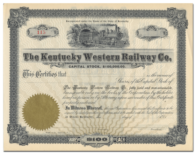 Kentucky Western Railway Co. Stock Certificate