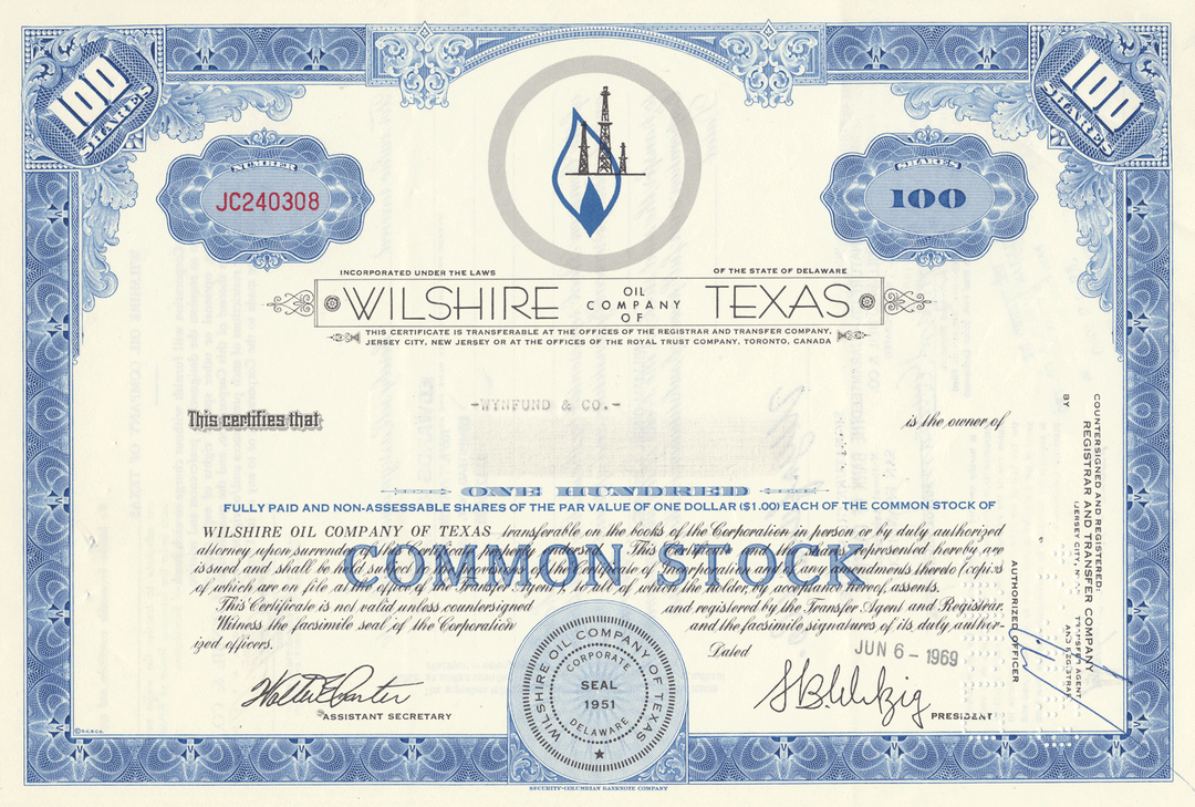 Wilshire Oil Company of Texas Stock Certificate