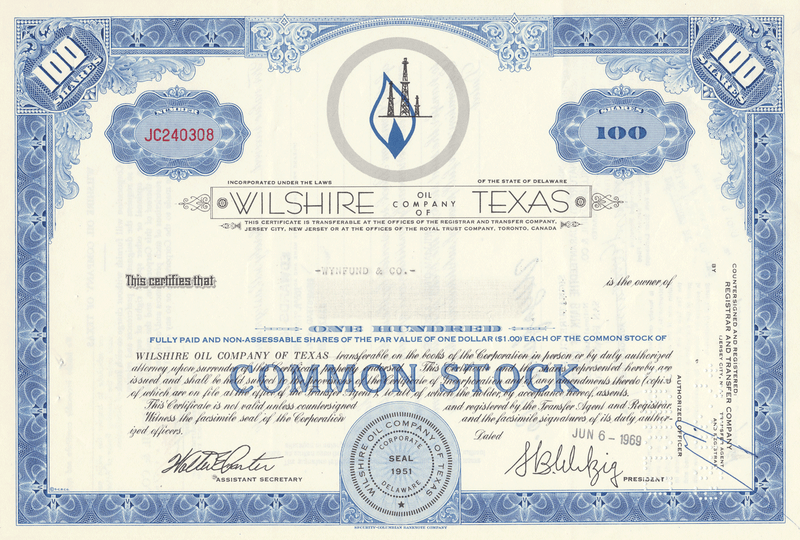 Wilshire Oil Company of Texas Stock Certificate