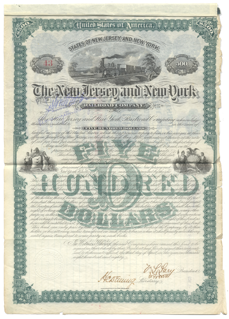 New Jersey and New York Rail Road Company Bond Certificate