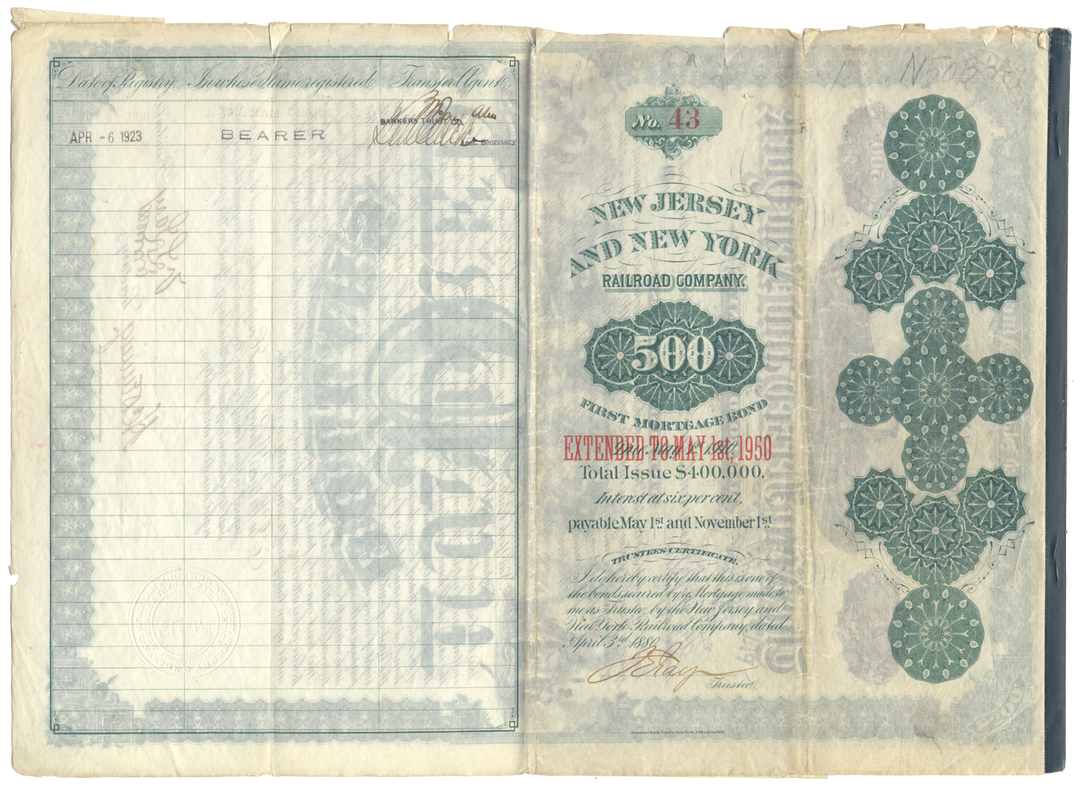 New Jersey and New York Rail Road Company Bond Certificate