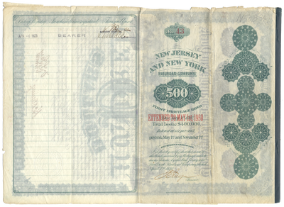 New Jersey and New York Rail Road Company Bond Certificate