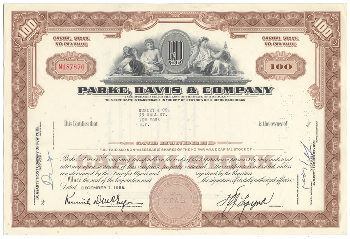 Parke, Davis & Company Stock Certificate