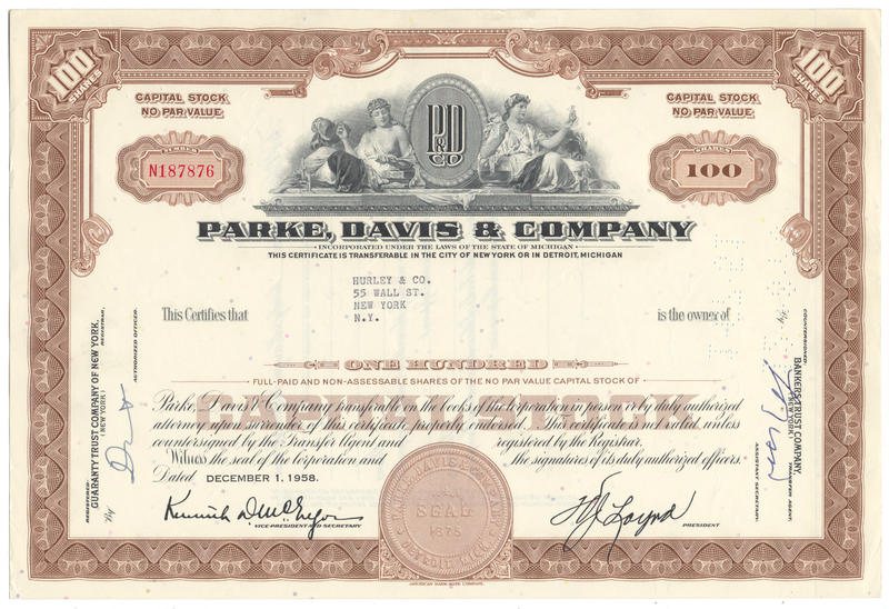 Parke, Davis & Company Stock Certificate