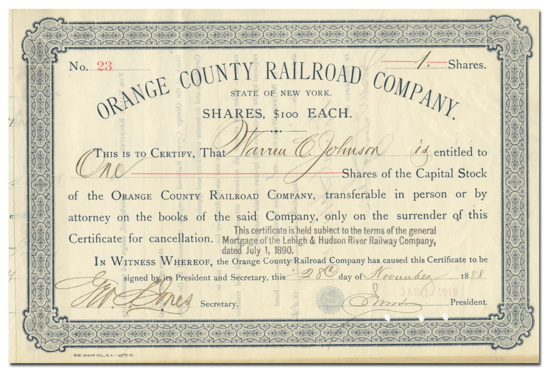 Orange County Railroad Company Stock Certificate