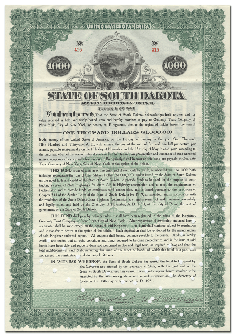 State of South Dakota Bond Certificate Signed by Governor William H. McMaster
