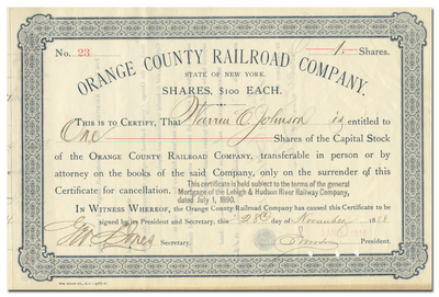 Orange County Railroad Company Stock Certificate