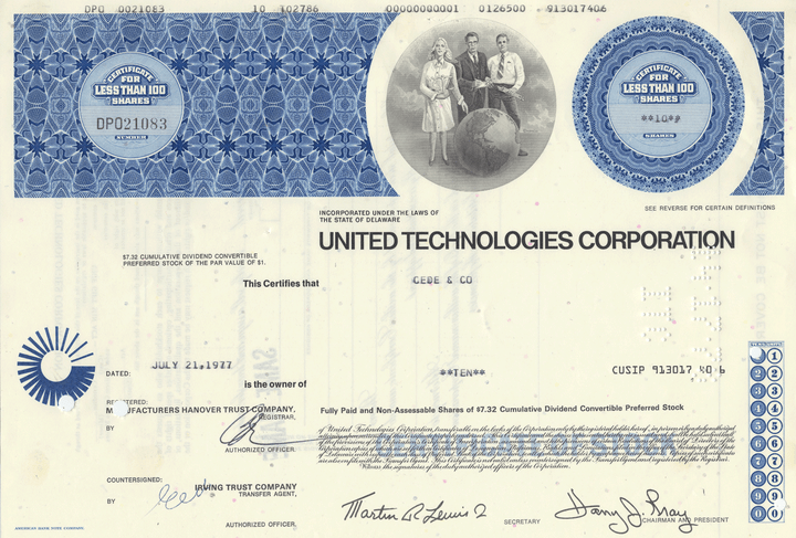 United Technologies Corporation Stock Certificate