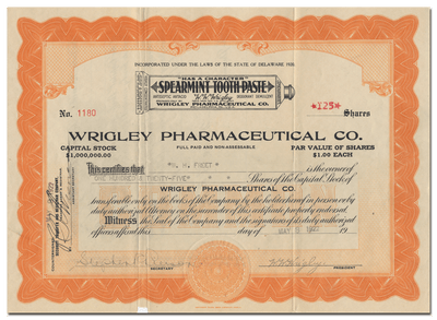 Wrigley Pharmaceutical Co. Stock Certificate
