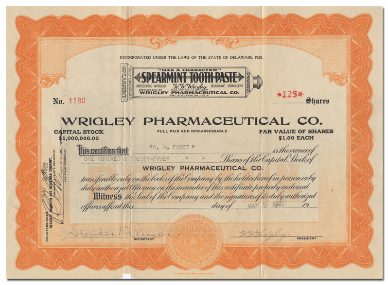 Wrigley Pharmaceutical Co. Stock Certificate