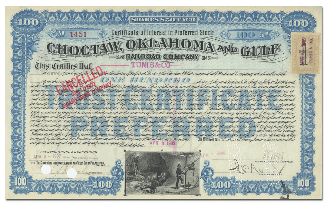 Choctaw, Oklahoma and Gulf Railroad Company Stock Certificate