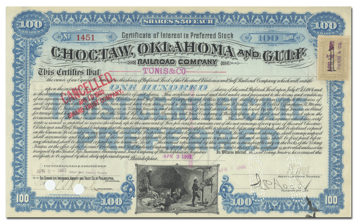 Choctaw, Oklahoma and Gulf Railroad Company Stock Certificate