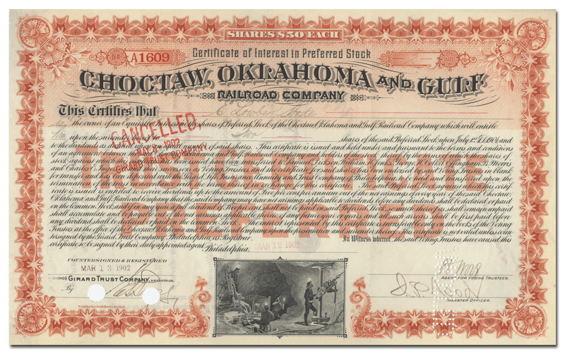 Choctaw, Oklahoma and Gulf Railroad Company Stock Certificate