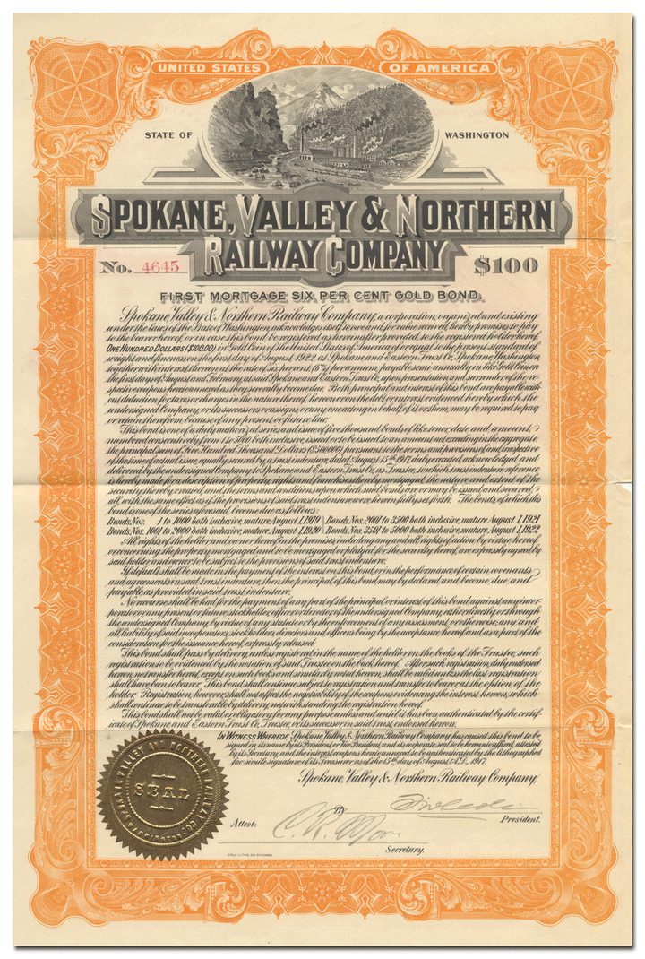 Spokane, Valley & Northern Railway Company Bond Certificate