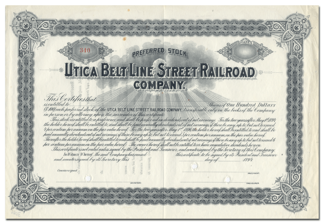 Utica Belt Line Railroad Company Stock Certificate