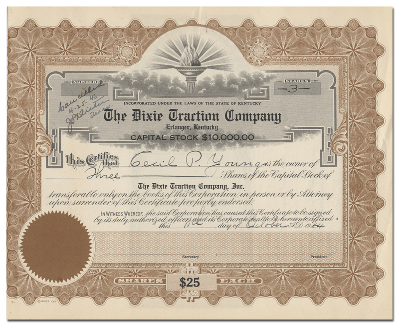 Dixie Traction Company Stock Certificate