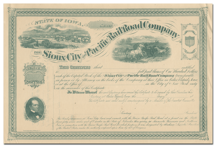 Sioux City and Pacific Rail Road Company Stock Certificate