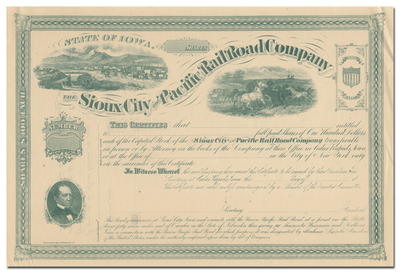 Sioux City and Pacific Rail Road Company Stock Certificate